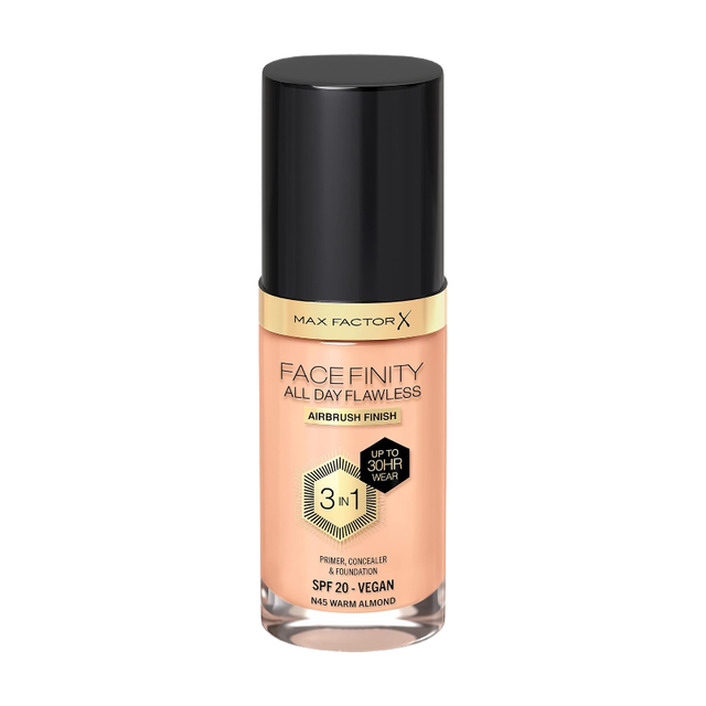 Max Factor Facefinity All Day Flawless 3-in-1 Vegan Foundation SPF 20, 30ml in 45 Warm Almond for a Perfect Complexion