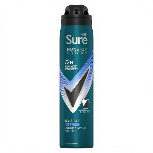 Sure Men's Anti-Perspirant Aerosol Spray: Invisible Ice Fresh Formula for 24/7 Nonstop Protection, 250ml