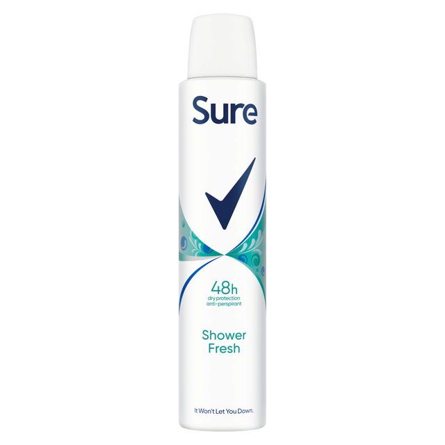 Sure Deodorants and Antiperspirants Spray and Aerosol Shower Fresh 200ml Anti-Perspirant for Long-Lasting Odor Protection