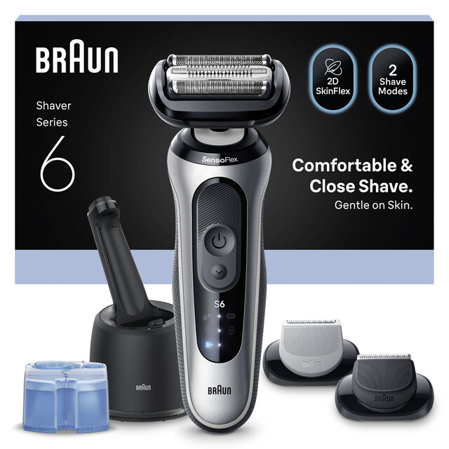BRAUN Series 6 Men's Electric Shaver, Wet & Dry, Silver | 4-in-1 SmartCare Center, 60min Cordless, 100% Waterproof Design for Ultimate Comfort.