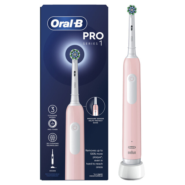 Oral-B Pro 1 Electric Toothbrush for 3D Cleaning with 3 Modes, Round Brush Head, Timer, Pressure Sensor in Pink