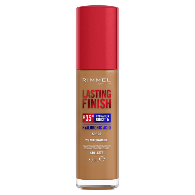Rimmel London Lasting Finish 35 Hour Longwear Foundation in 410 Latte - 30ml Bottle for a Flawless Complexion