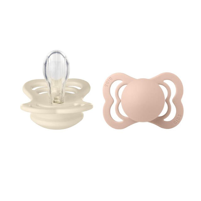 BIBS Soother Supreme Size 1 (0+ Months) Silicone Teether for Babies, 2-Pack in Elegant Ivory and Blush