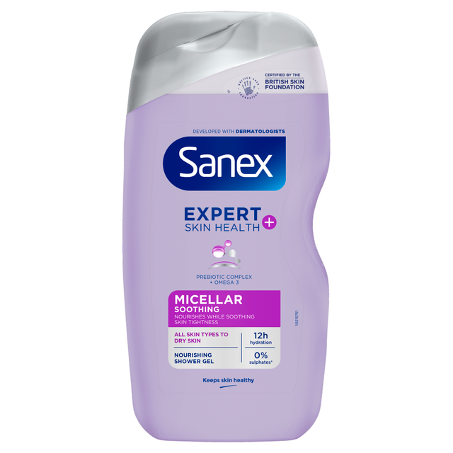 Sanex Expert Skin Health+ Micellar Soothing Shower Gel 450ml, Hydrating Body Wash for Nourished and Soothed Skin, Daily Essential
