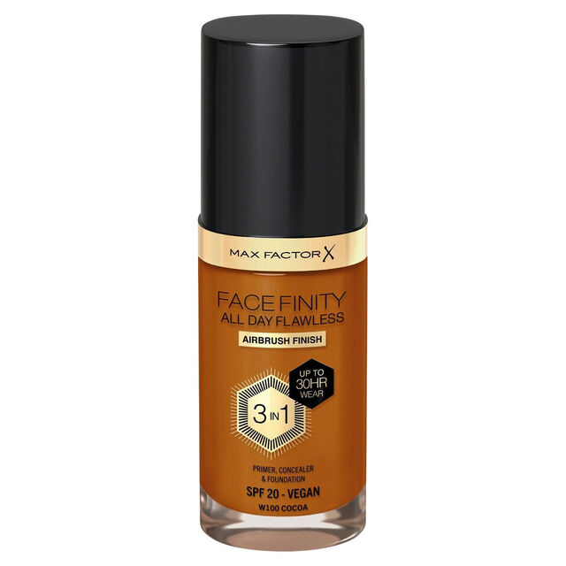 Max Factor All Day Flawless 3-in-1 Foundation SPF20 - 30ml in Shade W100 Cocoa for Long-Lasting Coverage