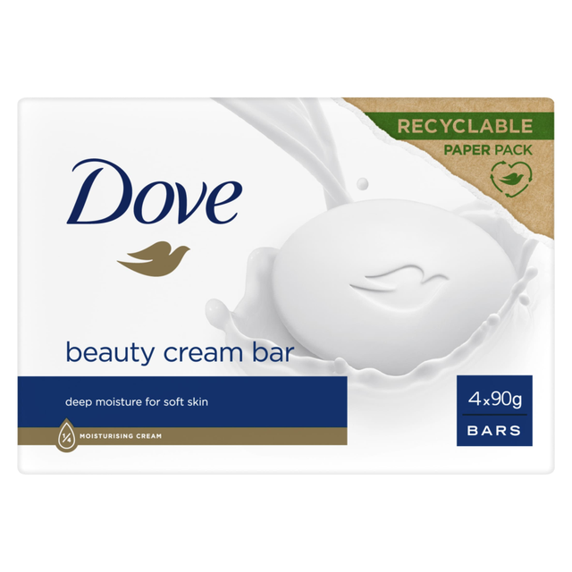 Dove Beauty Bar Original 4-Pack: 90g Each - Nourishing and Gentle Cleansing Bar for Soft and Smooth Skin