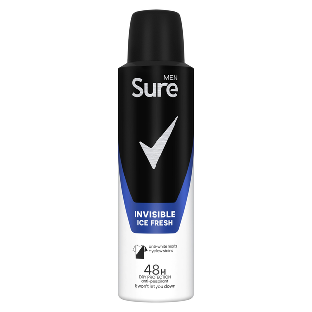 Sure Men Anti-Perspirant Aerosol in Invisible Ice Fresh, 150ml, Long-Lasting Protection, Non-Staining Formula
