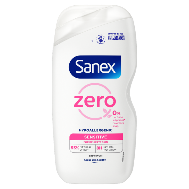 Sanex Zero% Hypoallergenic Sensitive Shower Gel - 100% Fragrance-Free & Soap-Free Formula for Delicate Skin, 450ml Bottle