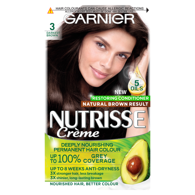 Garnier Personal Care Hair Colourants Nutrisse 3 Darkest Brown Permanent Hair Dye for Nourished, Long-Lasting Radiant Hair Color