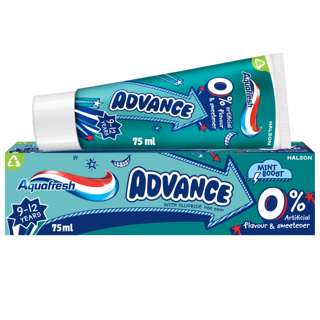 Aquafresh Advance Kids Toothpaste for 9-12 Years, Fresh Mint Flavor, 75ml Tube for Daily Dental Care