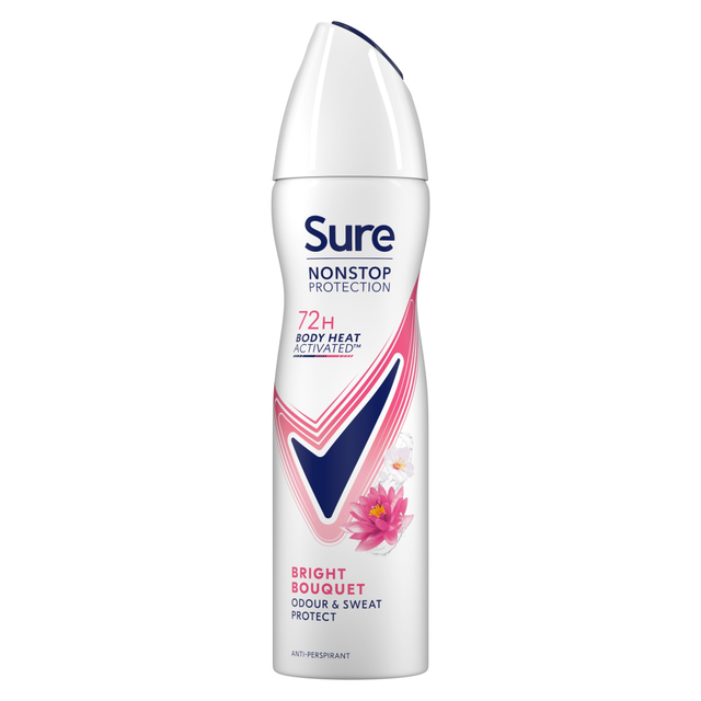 Sure Anti-Perspirant Deodorant Aerosol Spray, Bright Bouquet Scent for 72h Nonstop Protection, 150ml