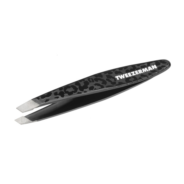 Tweezerman Mini Slant Tweezer in Black Leopard Print | Precision Beauty Tool for Perfect Brows & Splinter Removal