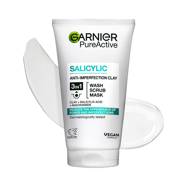 Garnier Pure Active 3in1 Anti-Imperfection Mask Wash Scrub with Clay - For Oily Skin to Reduce Pores
