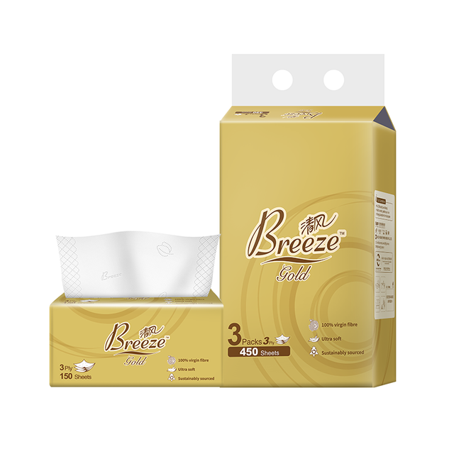 Breeze Facial Tissues 3 Ply, 3 Packs (450 Sheets Total) - M Size, Soft & Strong When Wet for Home & Office Use