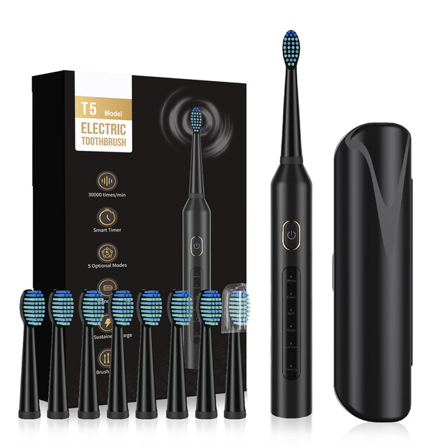 Sunluxy Sonic Electric Toothbrush - T5 Black with 5 Modes, 40,000 VPM, 60-Day Battery, 8 Brush Heads & Smart Timer for Optimal Oral Care