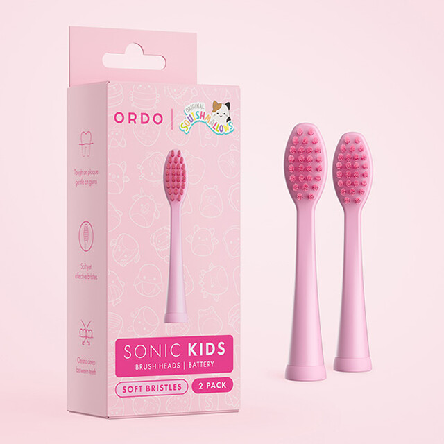 Ordo Squishmallows Kid Battery Brush Heads, 2-Pack, Pink Auggie Design for Gentle Dental Care on Children's Electric Toothbrushes
