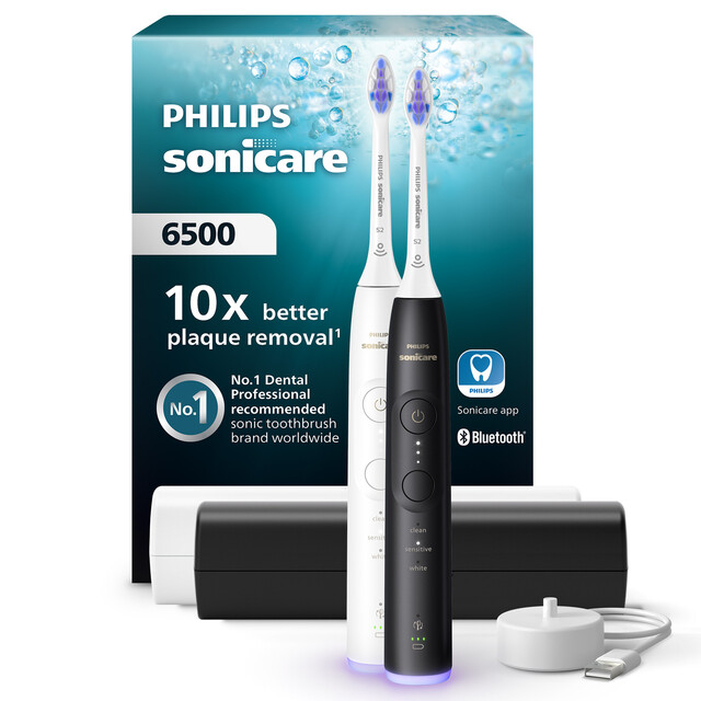 Philips Sonicare 6500 Electric Toothbrush: 10x More Plaque Removal, 3 Modes, Pressure Sensor & 2 Travel Cases In White
