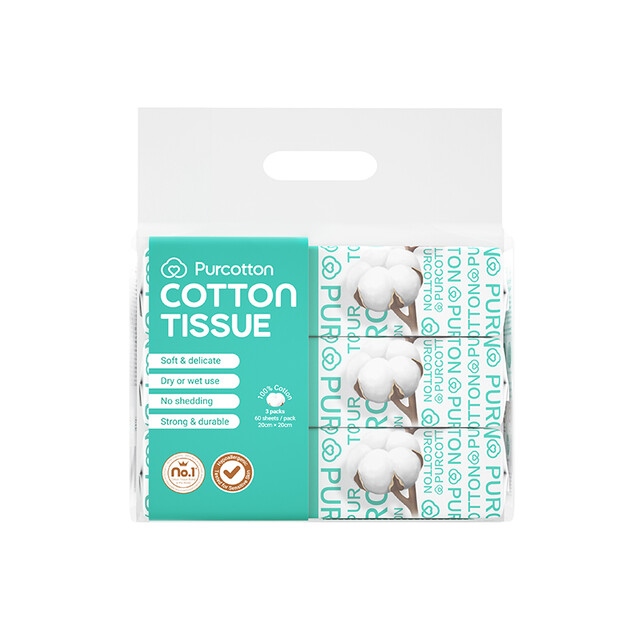 Purcotton 100% Cotton Facial Tissues, 3-Pack with 180 Soft & Skin-Friendly Sheets for Wet Application and Facial Cleansing