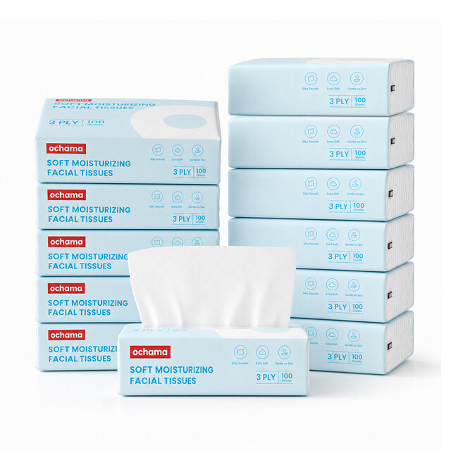 Ochama Facial Tissues: 3-Ply Soft Baby Moisturizing Tissues with 30% Cream for Sensitive Skin, 1200 Sheet Family Pack (12 Packs)