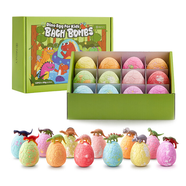 LIVINGANDHOME Kids Bath Bomb Kit with Dinosaur Toys: 12-Piece Dino Egg Surprise Bath Fizzies for Fun Child Bathtime
