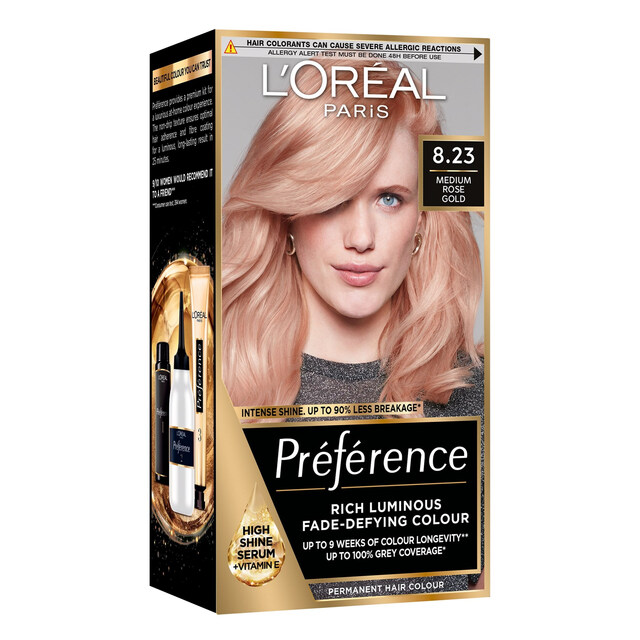 L'Oréal Paris Preference Permanent Hair Colour: Medium Rose Gold 8.23, Rich Luminous & Fade-Defying Shade for Long-Lasting Vibrancy