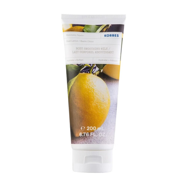 Korres Body Milk: Basil Lemon Scent for 24h Hydration, Lightweight, Fast-Absorbing Formula for Soft Skin, 200ml