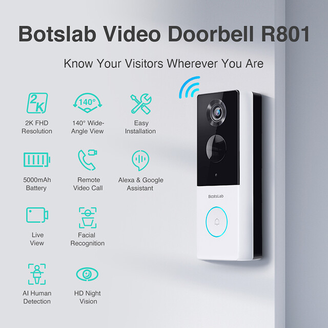 Botslab R801 Smart Video Doorbell: 2K QHD, 140° Wide-Angle, Facial Recognition, Motion Tracking, Alexa/Google Assistant Support