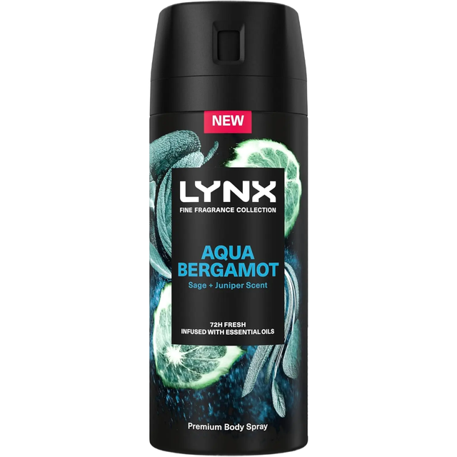 Lynx Deodorant Spray and Aerosol Fine Fragrance Collection Premium Bodyspray Aqua Bergamot 150ml Long-Lasting Fresh Scent for Daily Confidence