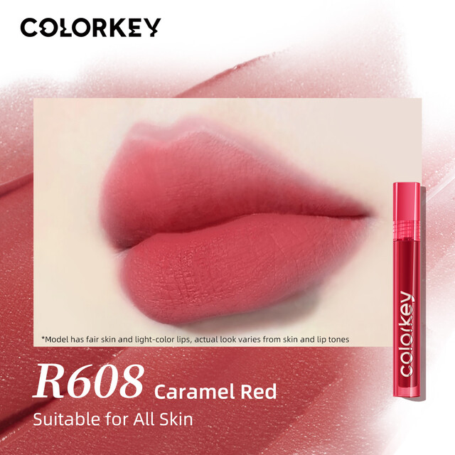 COLORKEY Airy Lip Glaze: Soft-Matte Velvet Finish in R608 Caramel Mahogany for a Lightweight, Red-Brown Look