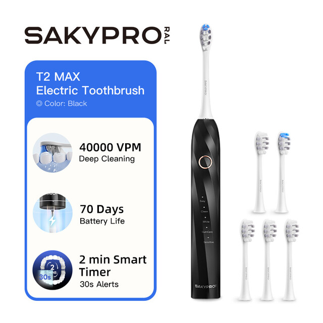 saky Pro Smart Electric Toothbrush with 5 Modes & Timer | 6 Brush Heads, 75-Day Battery for Ultimate Oral Care, Black