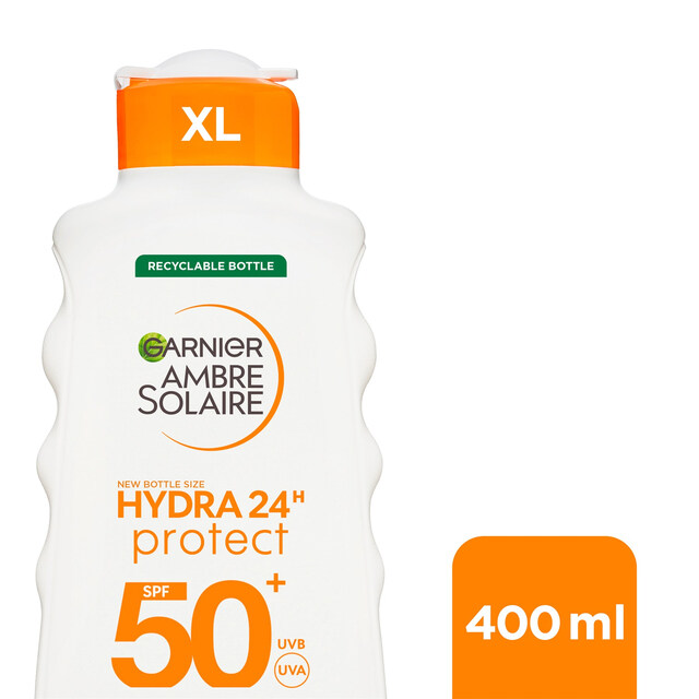 Garnier Ambre Solaire Hydra 24H Protect Lotion SPF 50+ 400ml - Non-Greasy, Water Resistant Sun Care with Vitamin E, Approved Cruelty Free