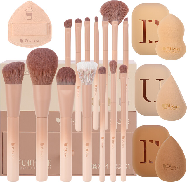 DUcare Luxury 14-Piece Coffee Series Makeup Brush Set with 3 Sponges & Gift Box - Perfect Holiday Makeup Accessories Collection