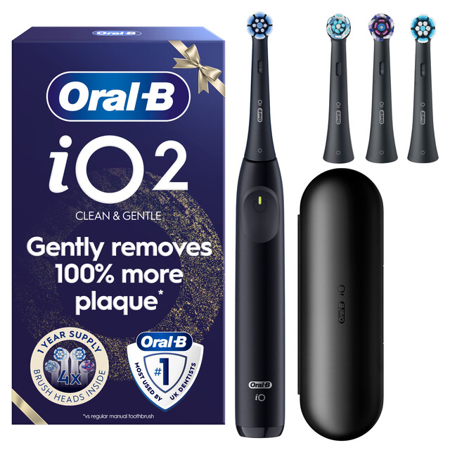 Oral-B iO2 Electric Toothbrush Christmas Gift Set, Black - Includes 4 Brush Heads, Smart Travel Case for the Perfect Holiday Present