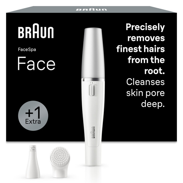 BRAUN FaceSpa Facial Epilator & Cleansing System, Battery-Powered for Efficient Hair Removal and Skin Cleaning, White/Silver