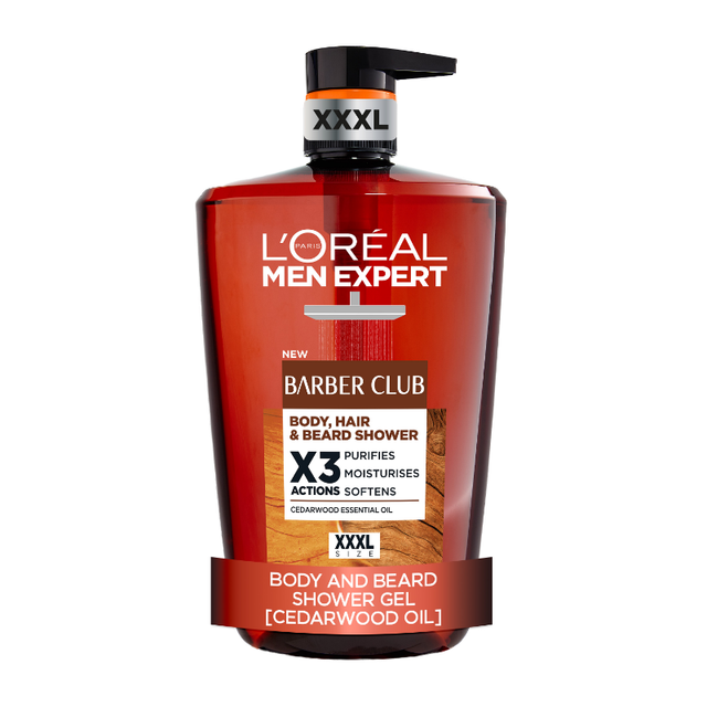 L'Oréal Paris Men's Barber Club 3-in-1 Shower Gel: Invigorating Cedarwood Scent for Body, Hair & Beard, Lasting Freshness, 1L