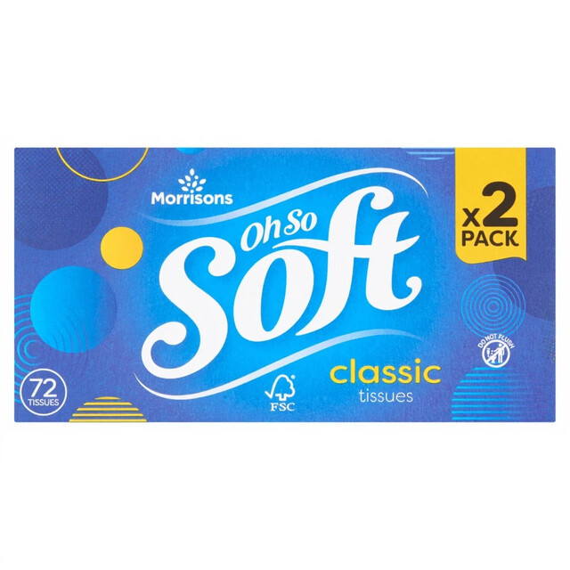 Morrisons Facial Tissues Household Essentials Oh So Soft 72 Classic 2 Pack for Gentle Comfort and Everyday Use