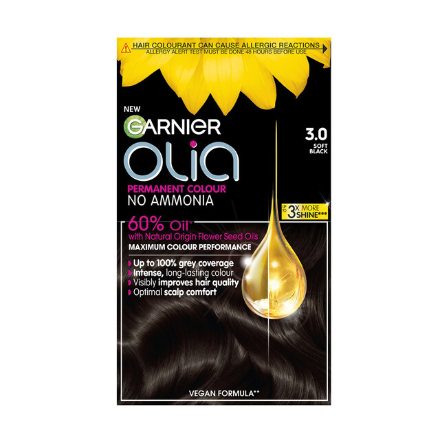 Garnier Olia Permanent Hair Dye - Ammonia-Free Vegan Formula with Flower Oils for Ultra Luminous 3.0 Darkest Brown Color