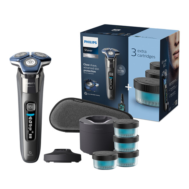 Philips Series 7000 Wet & Dry Men's Electric Shaver with SkinIQ Tech, Travel Case, Charging Stand & Bonus Cartridges