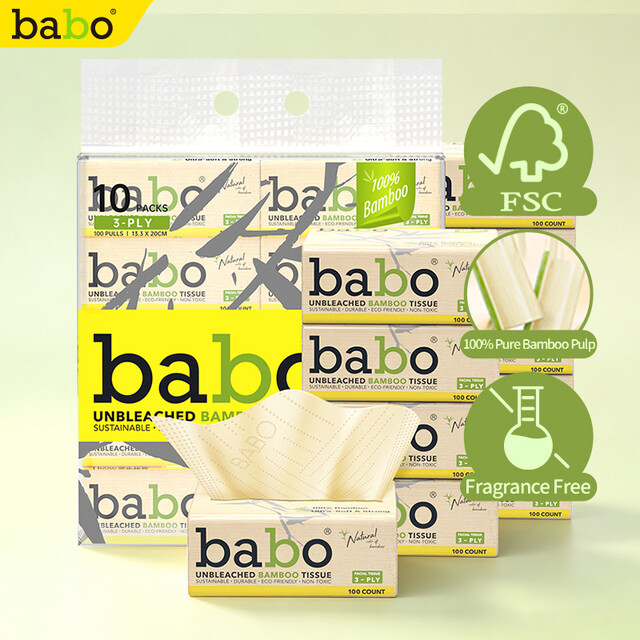 BABO Unbleached Bamboo Facial Tissues | EU Standard, 3-Ply, 100 Sheets per Pack, 10 Packs | Fluorescent-Free, ISEGA & HALAL Certified for Family