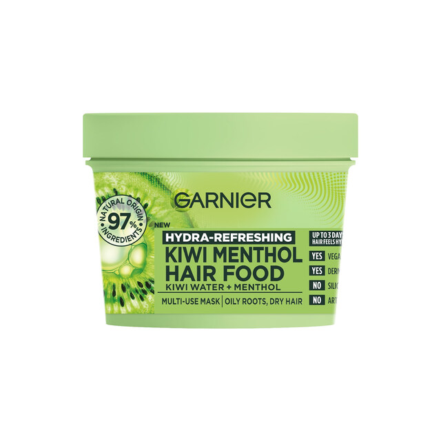 Garnier Hair Food Multi-Use Treatment Mask: Kiwi Water & Menthol to Hydrate & Refresh Oily Roots & Dry Ends, Vegan, 400ml