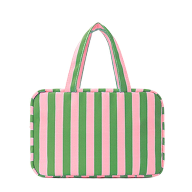 JORDAN&JUDY Travel Toiletry Bag | 4-Fold Portable Cosmetic Pouch in Green-Pink Stripe for Business & Travel Storage Organisation