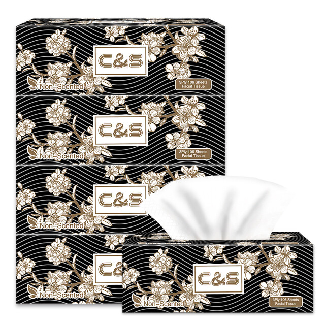 C&S Facial Tissues, 3-Ply for Softness & Strength, 424 Sheet Black Box Value Pack (4 Boxes x 106 Sheets) for Home or Office