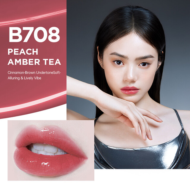 COLORKEY Airy Lip Glaze: Mirror Finish & Lightweight in B708 Peachy Amber Tea for High-Shine Lip Makeup.