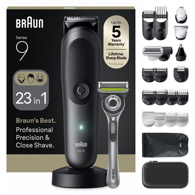 Braun All-in-One Series 9 Male Grooming Kit: 23-in-1 Pro Electric Trimmer with ProBlade & BodyGentle Mode, AIO9560, Grey