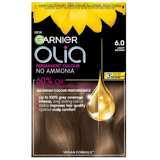 Garnier Olia Ammonia-Free Permanent Hair Dye - Light Brown 6.0, Includes Colourant & Developer Cream