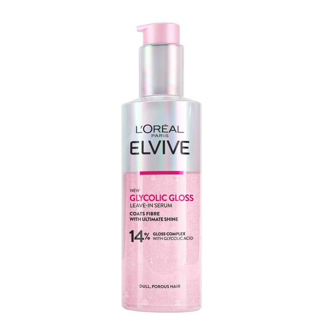 L'Oréal Paris Elvive Glycolic Gloss Leave-in Serum 150ml for Dull Hair, Instantly Brightens and Adds Shine.