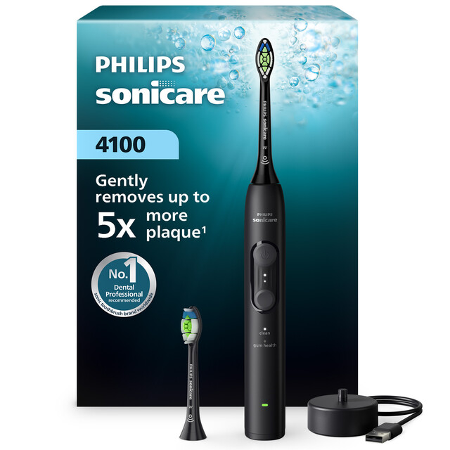 Philips Sonicare 4100 Electric Toothbrush - Black, 4 Settings & Pressure Sensor for 5x More Plaque Removal, 21-Day Battery with 2 Brush Heads
