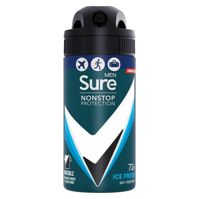 Sure Men Nonstop Protection Anti-Perspirant Aerosol Spray Invisible Ice Fresh 75ml Long-Lasting Odor and Sweat Control