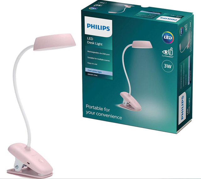 Philips Table Lamp Lighting Indoor Desk Clip USB Rechargeable 3W Blush Light for Study, Reading, and Workspaces