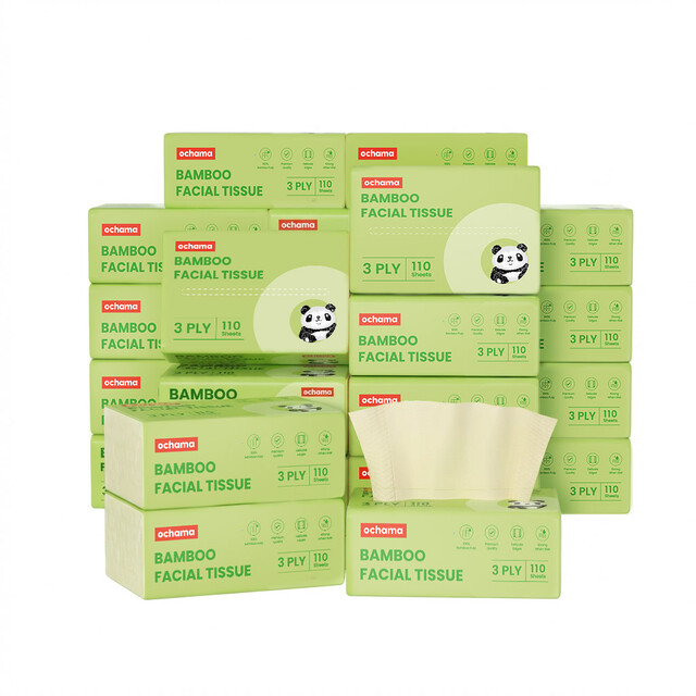 Ochama Bamboo Facial Tissues, 3-Ply, 2640 Sheets, FSC Certified Unbleached Bamboo Pulp Paper, Family Pack